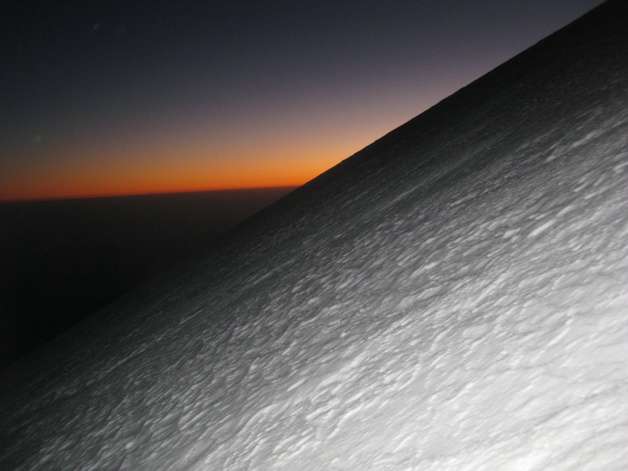 Sunrise at 17,000 feet on the Jampa Glacier ascent.